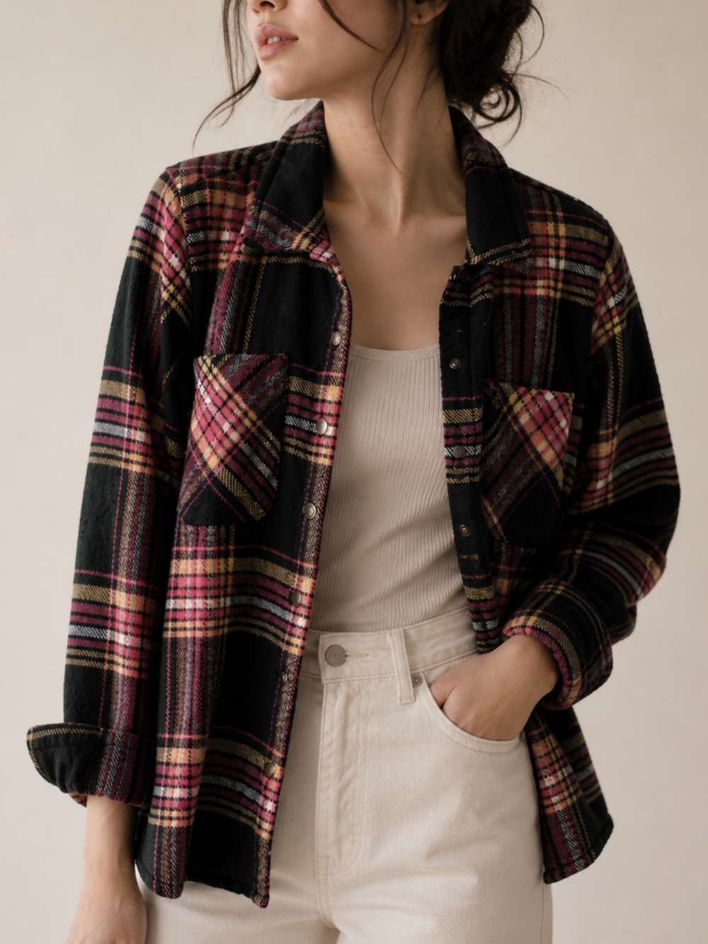 Ecothreads Women's Pink and Yellow Plaid Flannel Shacket, Size Medium